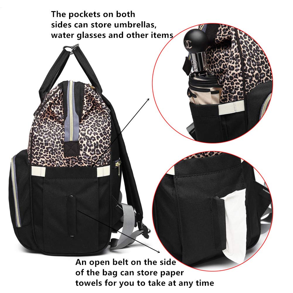 LAMOGRAFY Leopard Print Nappy Bags Handbags Multi-Function Diaper Bag for Baby Care Travel Backpack Large Capacity Gray