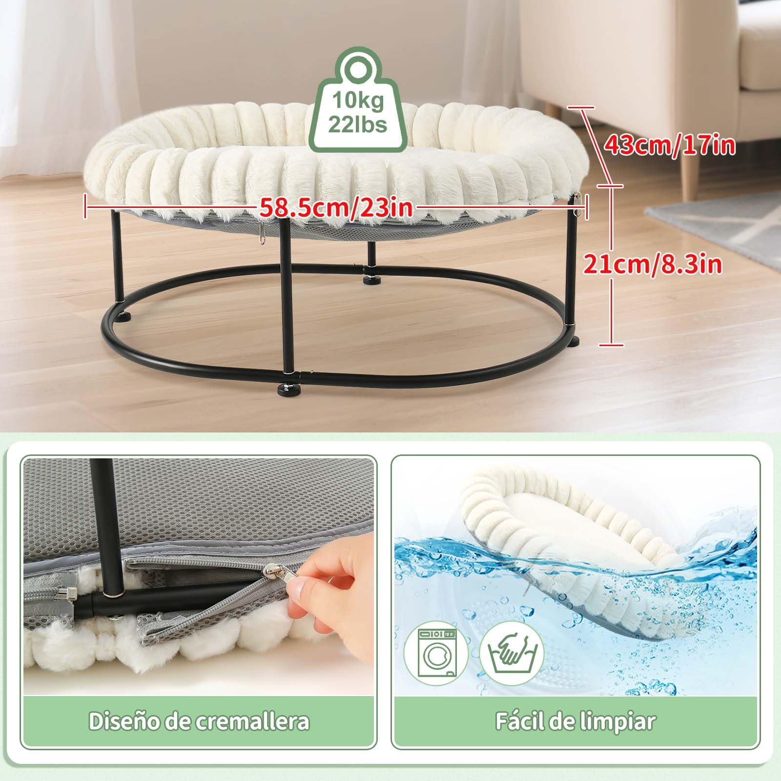 GUUSII HOME Elevada Cama para Hamaca Gato Grande Gatito Sofá Perro Pequeño Silla Mascotas Asiento con Marco de Metal Independiente Cojín Acolchado Lavable Fácil Montaje Cat Bed 58.5*43*21cm (Blanco)