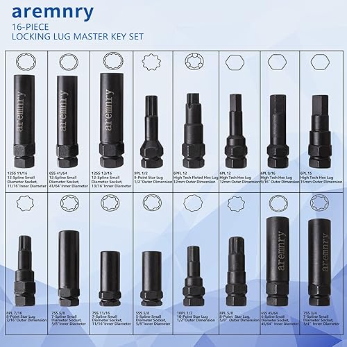 Miniatura 3 de aremnry Juego de llaves maestras de tuerca de bloqueo de 16 piezas para ruedas de repuesto y de fábrica.