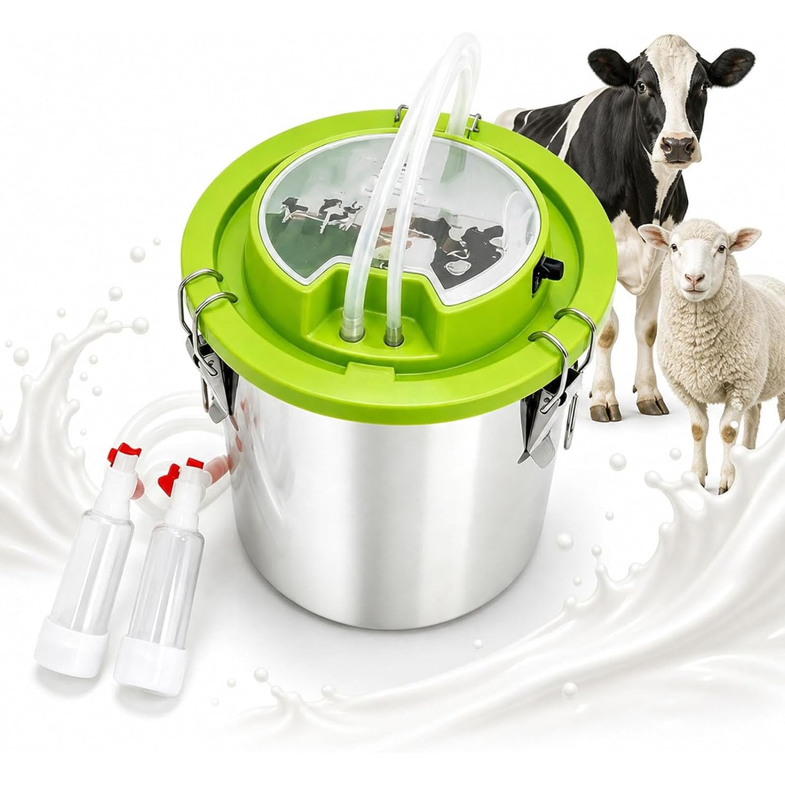 Mavoli Mungitrice Elettrica Senza Fili per Mucche, Capre E Pecore, Mungitrice Portatile da 48 W con Aspirazione da 43 A 46 Volte al Minuto, Secchio in Acciaio Inox da 12 Litri per Sheep 8L