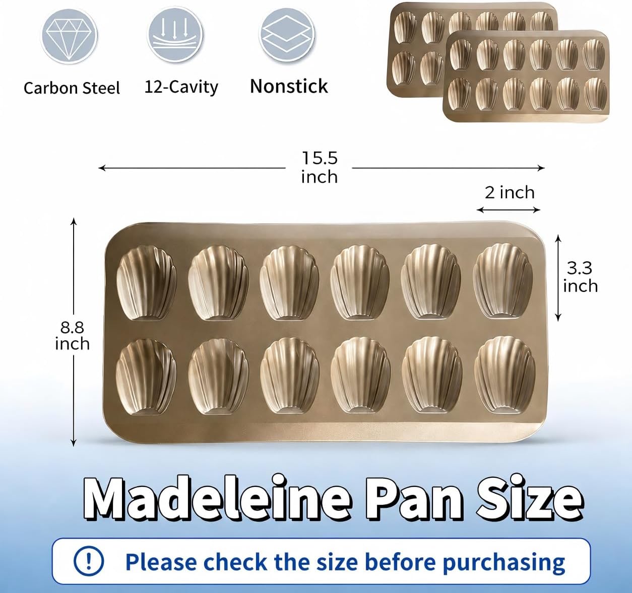 2-Pack Nonstick Madeleine Pans for Baking, 12-Cavity Heavy Duty Carbon Steel madeleines pan, Warp-Resistant Tea Cake Molds, Champagne Gold Madeline Cookies Mold for Perfect Baking