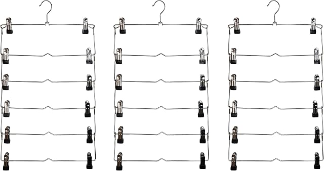 Neusu Space Saving 6 Tier Metal Skirt Hanger with Clips (3pk) - Premium Quality Trouser Hangers with Clips - Rubber Coated Hanger Clips - Adjustable Clips Pants Hanger - Hang Slacks, Trousers, Jeans