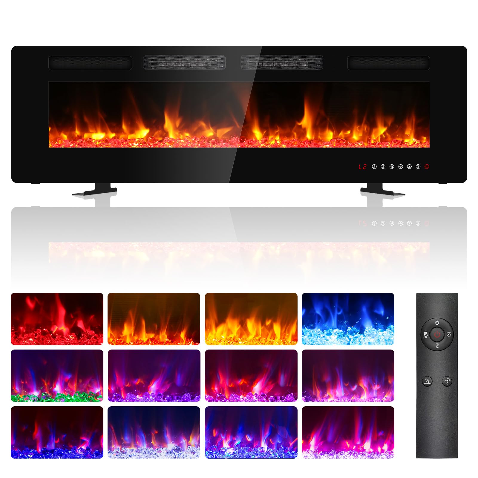 Quiniver 60" Slim Electric Fire Freestanding Wall Mount Fireplace Heater
