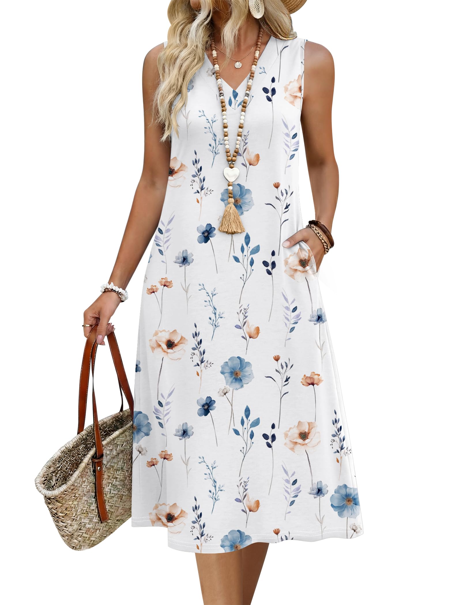Zeagoo Sundresses Dresses for Women 2026 Summer Sleeveless V Neck Casual Midi Tank Beach Vacation Dresses with Pockets