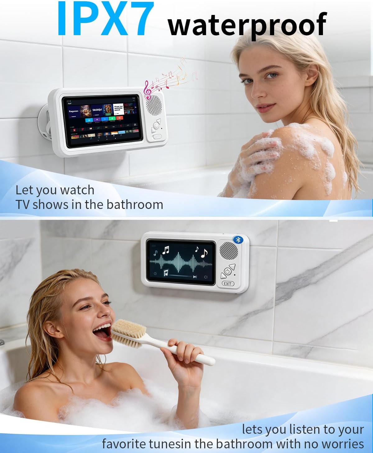 in Shower Phone Holder Waterproof Bathroom Phone Case for Shower Speaker Landline Vintage with Speakers Buddy Under Water Proof Play Soeaker Suction Cup Mount Wall with Lights Mobile Scroller