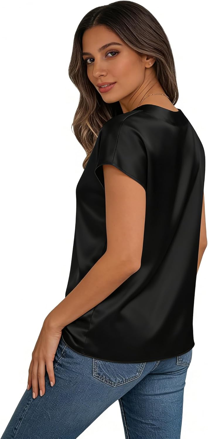 Women Silk Satin Short Sleeve V Neck Blouse - Business Casual Dressy Tops for Women - Image 4