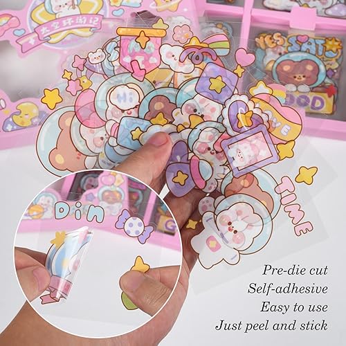 Miniatura 4 de Calcomanías Kawaii con diseño de oso de dibujos animados, 100 hojas transparentes de conejo, suministros de diario de mascotas, calcomanías para