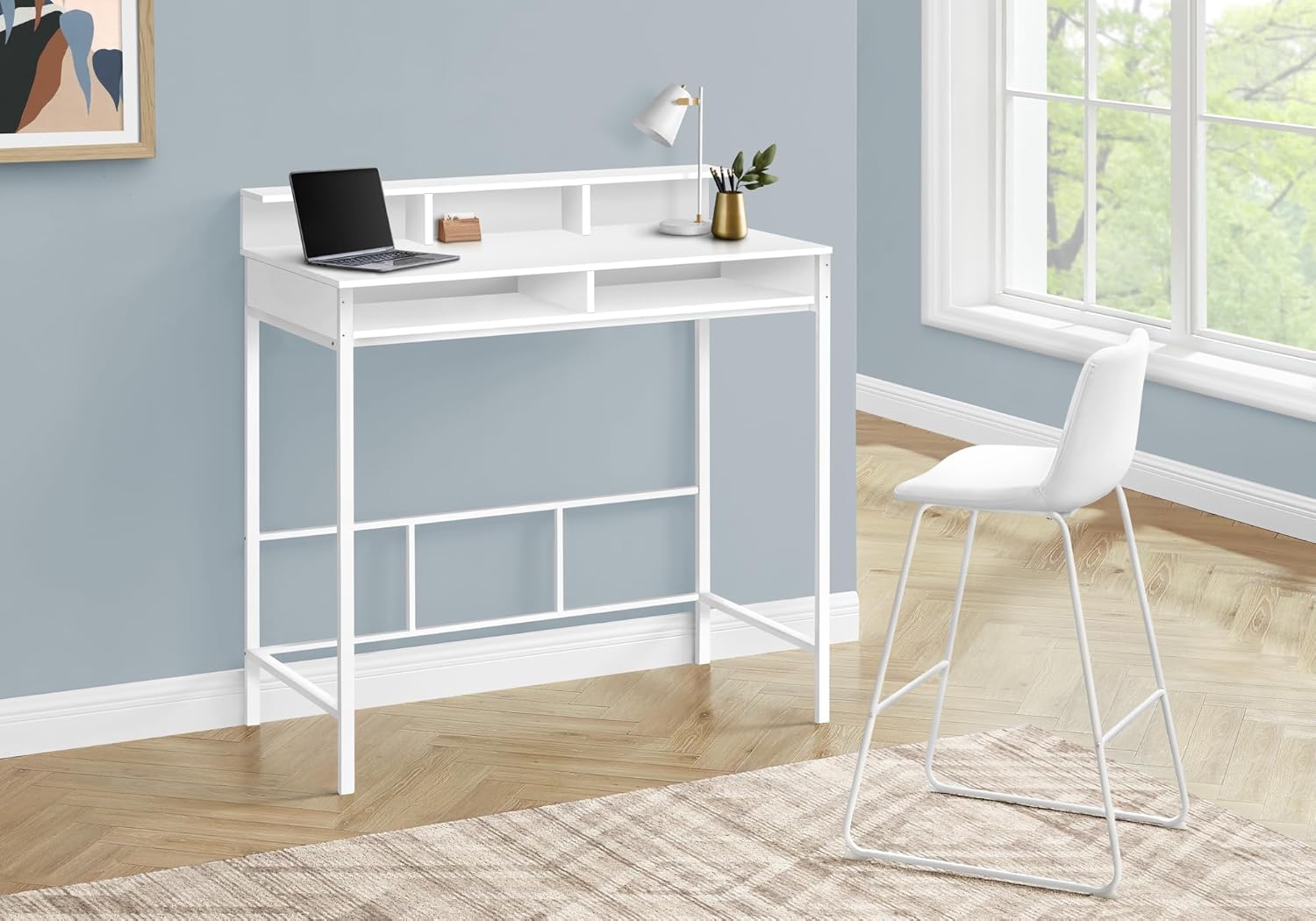 Computer Desk Home Office Standing Storage Shelves 48 l Work Laptop White Laminate White Metal