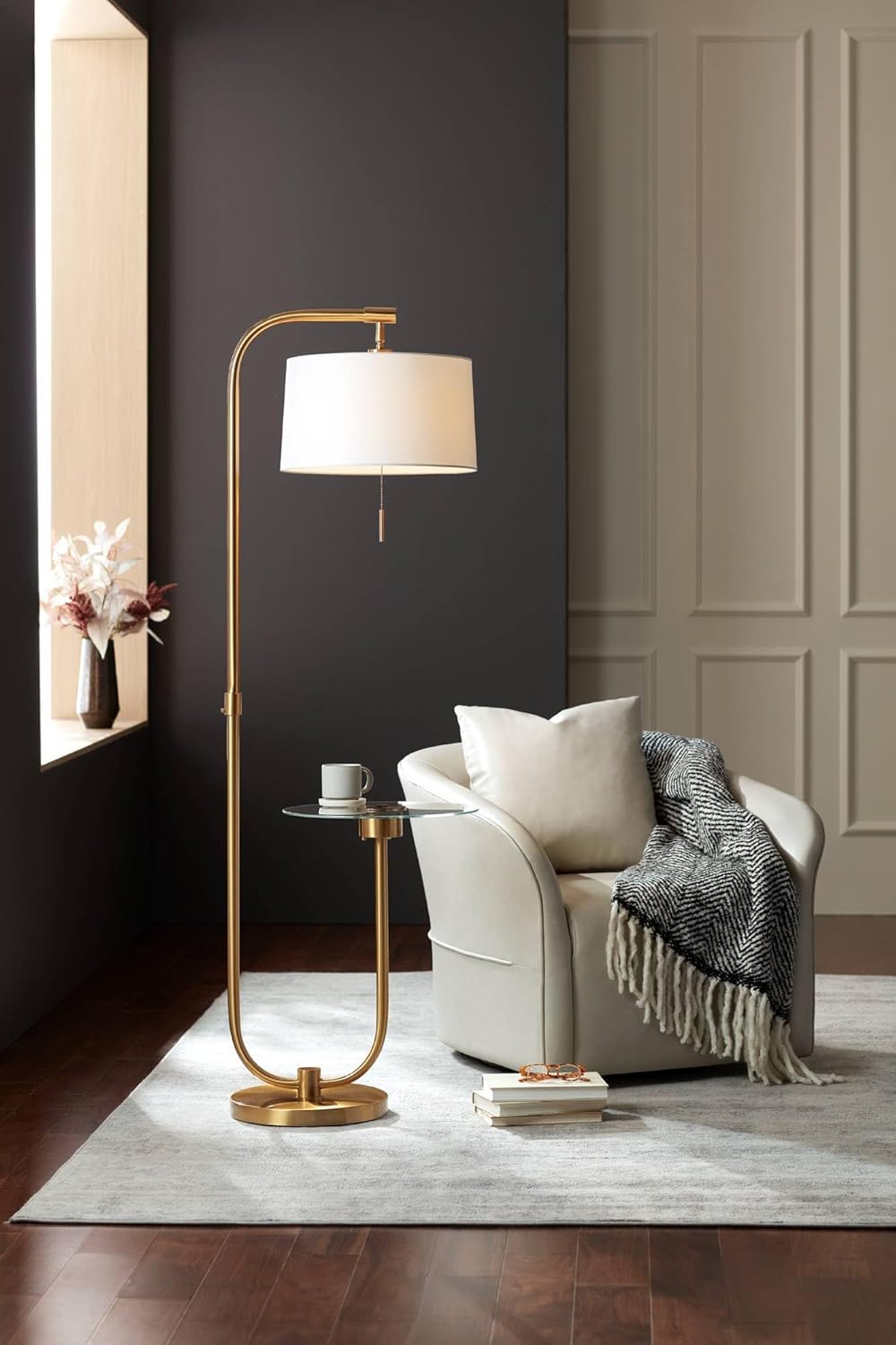 Brass Arc Floor Lamps with White Linen Shades and Glass Tray Tables