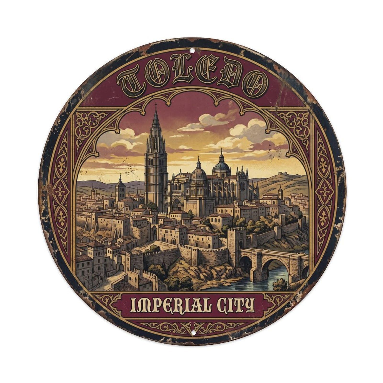 Cmhok Vintage Style Vintage Travel Cathedral Toledo Medieval Metal Tin Sign Plaque Wall Decor For Cafe, Club, Garden Round Metal Poster 8X8inch