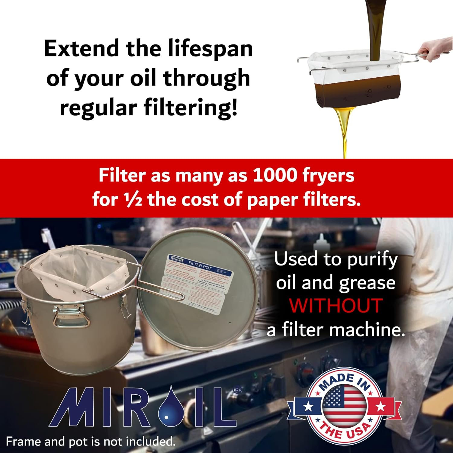 Miroil, RC88PS Fryer Filter Bag, Part 12855, EZ Flow series, For Heavy Crumbloads, Suitable for 60 Qt or 100 lb Oil Capacity, Replacement for Filter Machines 639-033 and 639-036, No Frame