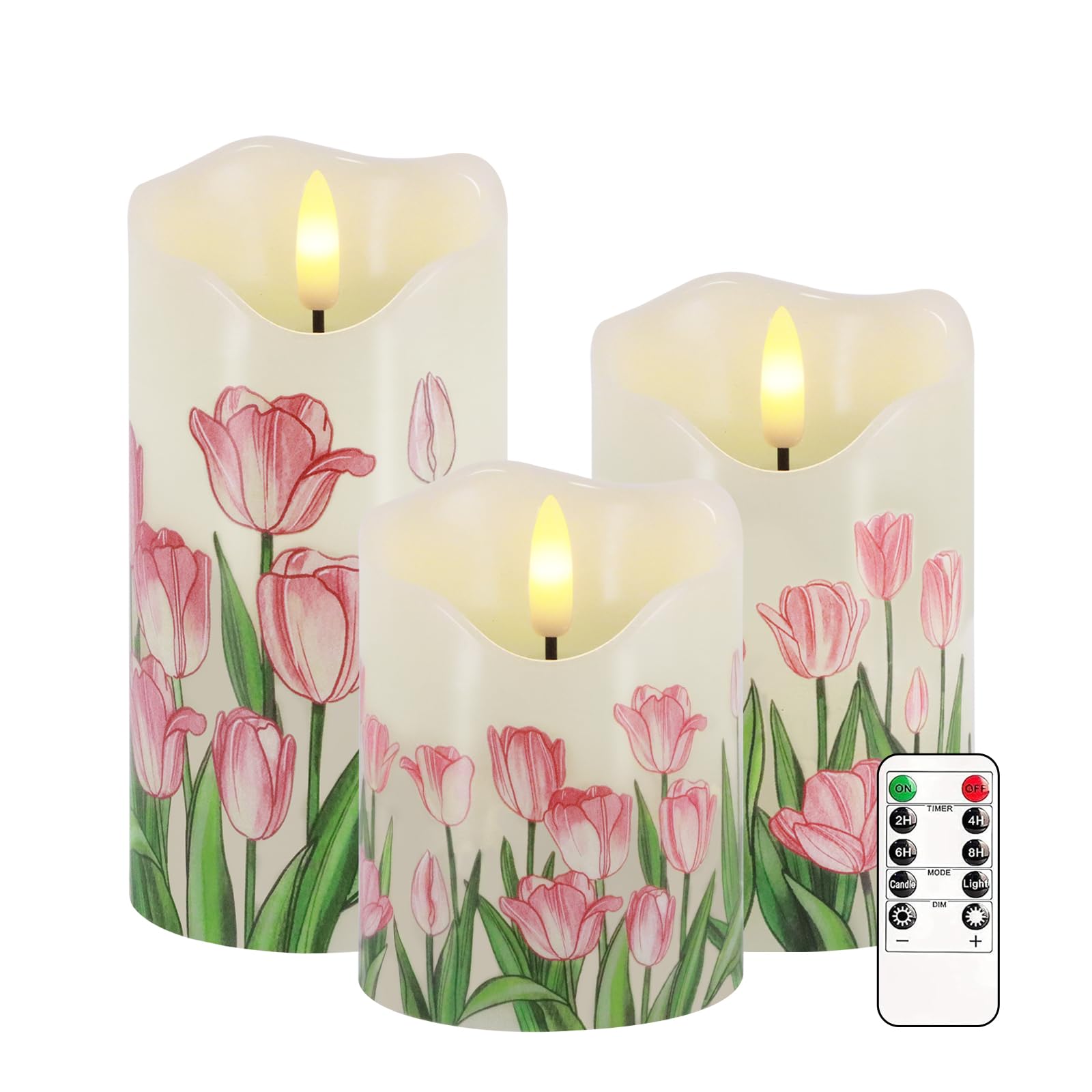 AVEKI Flickering Flameless Candles, Tulip Real Wax Battery Operated LED Candle with Remote Timer & Brightness Function, Set of 3 Pillar Candles Lights Decor for Festival Wedding Spring Home (Tulip)