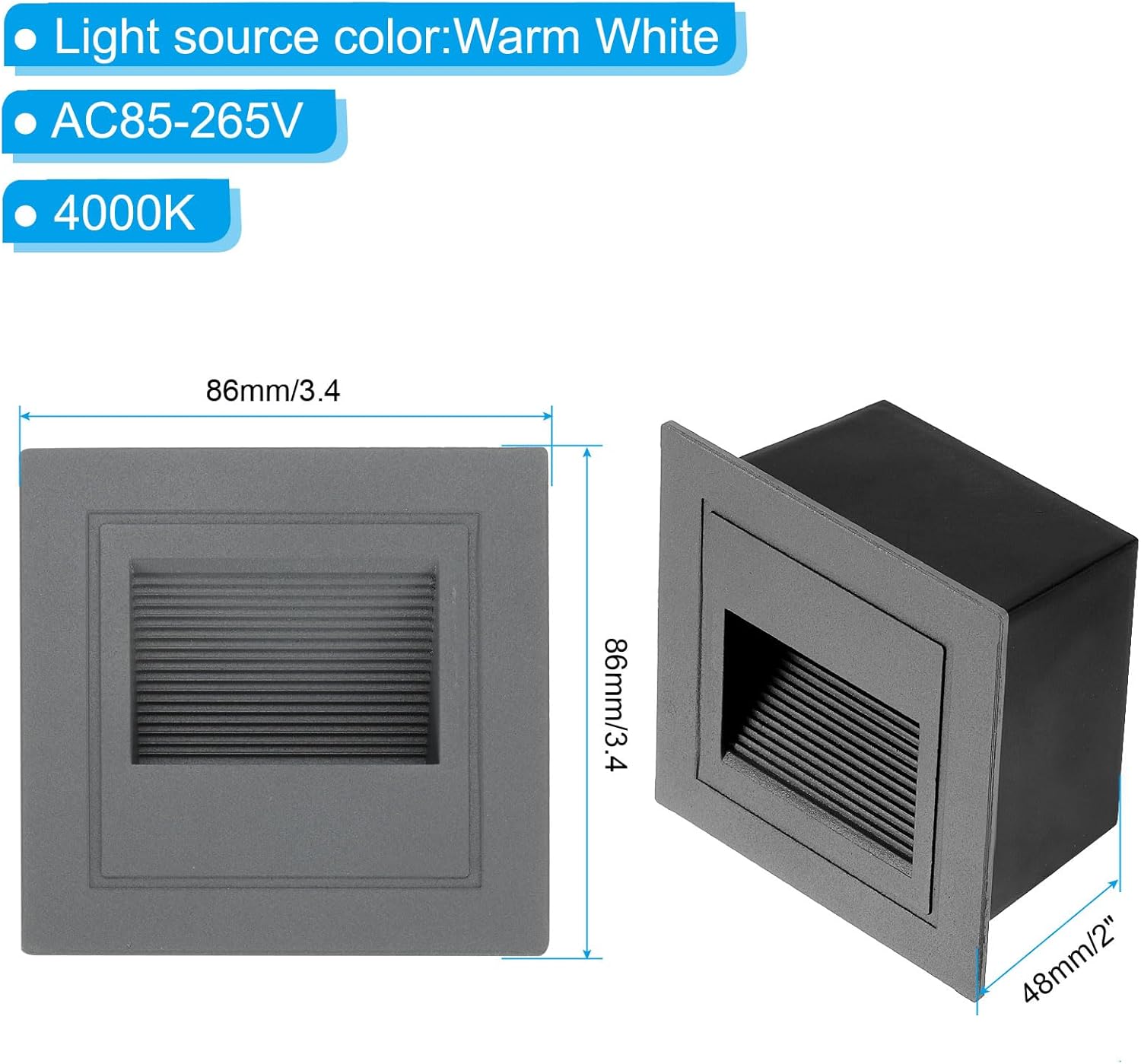 PATIKIL 4000K LED Step Light, 4 Pack 3W 120V Recessed Stair Light Aluminum Waterproof 105lm Warm White Stairway Lights Indoor Outdoor, Grey Shell