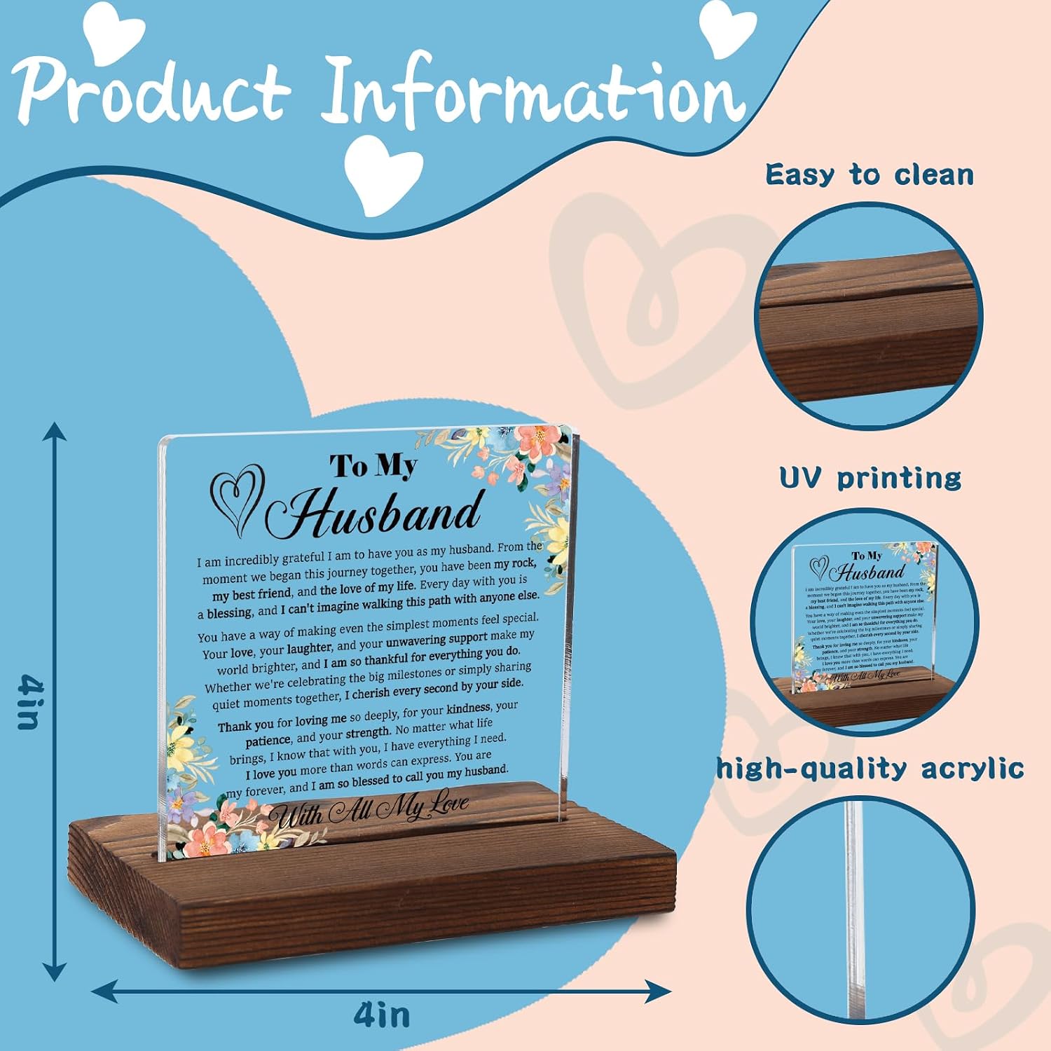 To My Husband Love Letter Tribute Plaque, Romantic Gift for Spouse, Sentimental Keepsake for Husband, Minimalist Acrylic Keepsake with Wooden Stand, XXD200 image 2