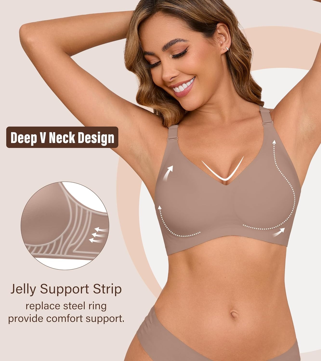 DEANGELMON Push Up Bras for Women No Underwire Comfortable Seamless Supportive Bralettes V Neck Full Coverage Bra Grey XX-Large - Image 2