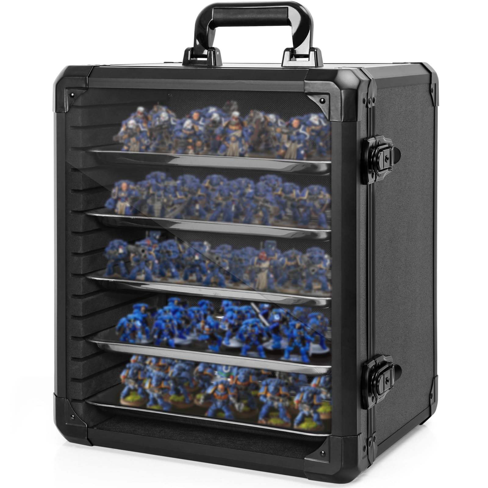 IPEB Miniatures Transport Case Miniatures Storage Case with Lock, 5 Magnetic Metal Trays & Aluminum Alloy Frame, Black-Medium Size