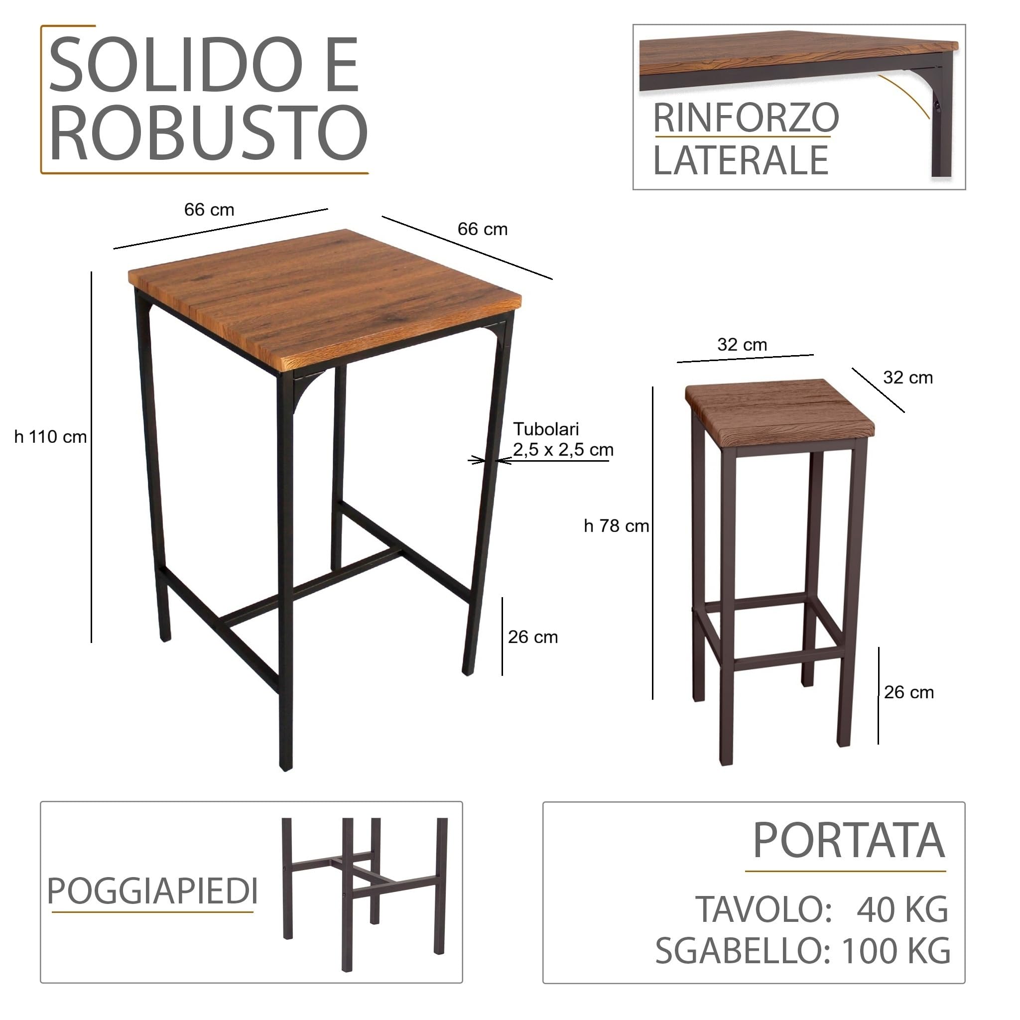 YELLOO - Set tavolo alto da bar con sgabello bar per uso interno, Ilot Central Cucina, tavolo da cucina piccolo spazio per intrattenere gli ospiti (Viareggio, 1 tavolo + 2 sgabelli)