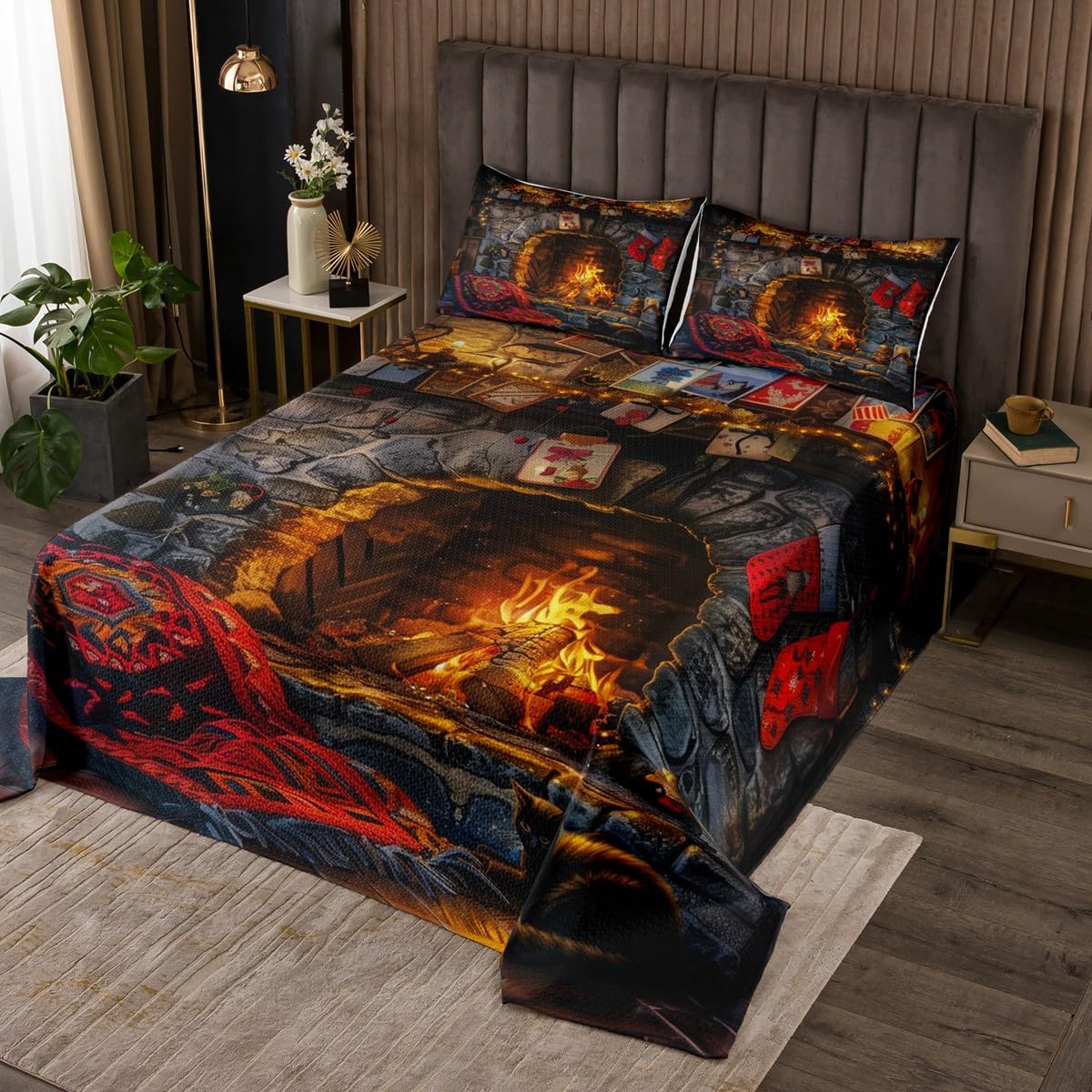 Christmas Fireplace Bedspread Quilt,Rustic Farmhouse Western Brick Wall Bedding Coverlet for All Season,3D Burning Fire Winter Xmas Cute Cat Double Size Coverlet Set with 2 Pillowcases