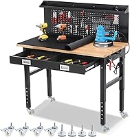 Vista 18 de ENJOYWOOD Bancos de trabajo para garaje con ruedas de 60 pulgadas Banco de trabajo ajustable de goma con tapa de madera y cajones, tablero