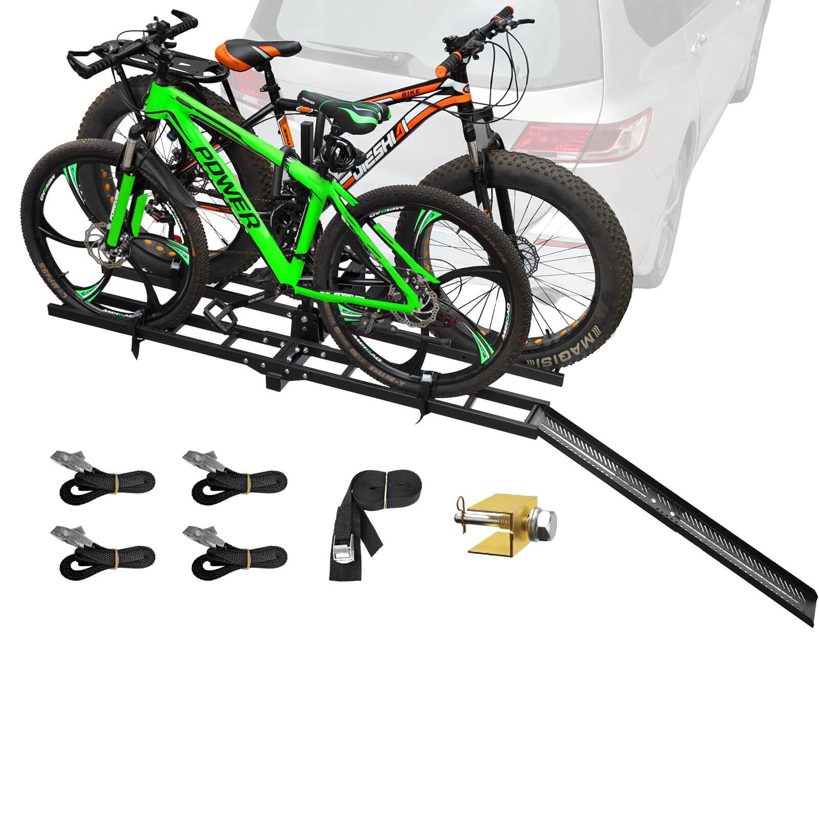 Supporto per gancio di traino con rampa per 2 biciclette, piattaforma per bici elettrica per pneumatici fino a 99,8 kg, pieghevole e inclinabile, per SUV, camion, camper, ricevitore da 5,1 cm