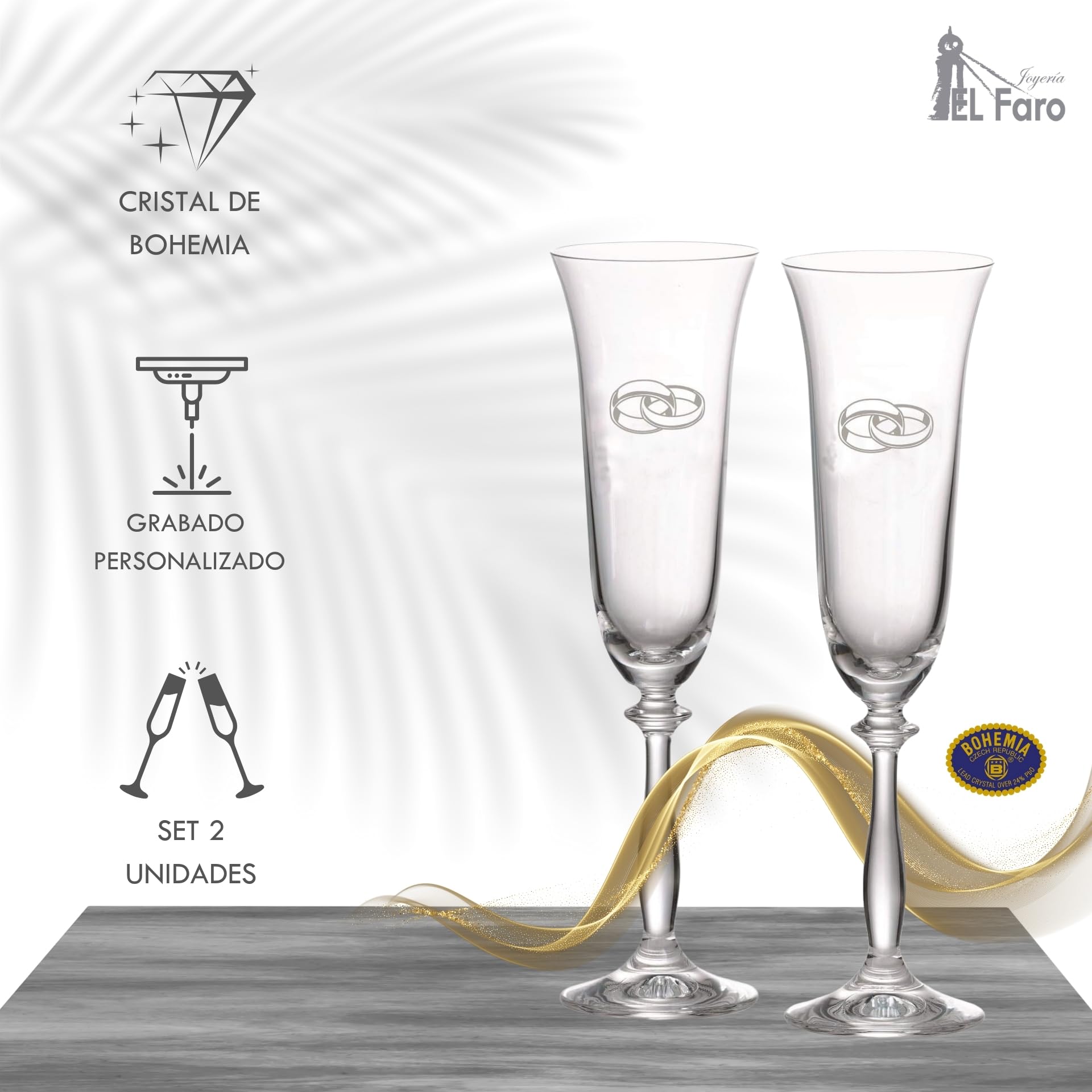 JOYERIA EL FARO | Copas grabadas para novios | Copas personalizadas para bodas | Cristal de Bohemia de alta resistencia | Estuche premium incluido | Brinda y celebra el amor