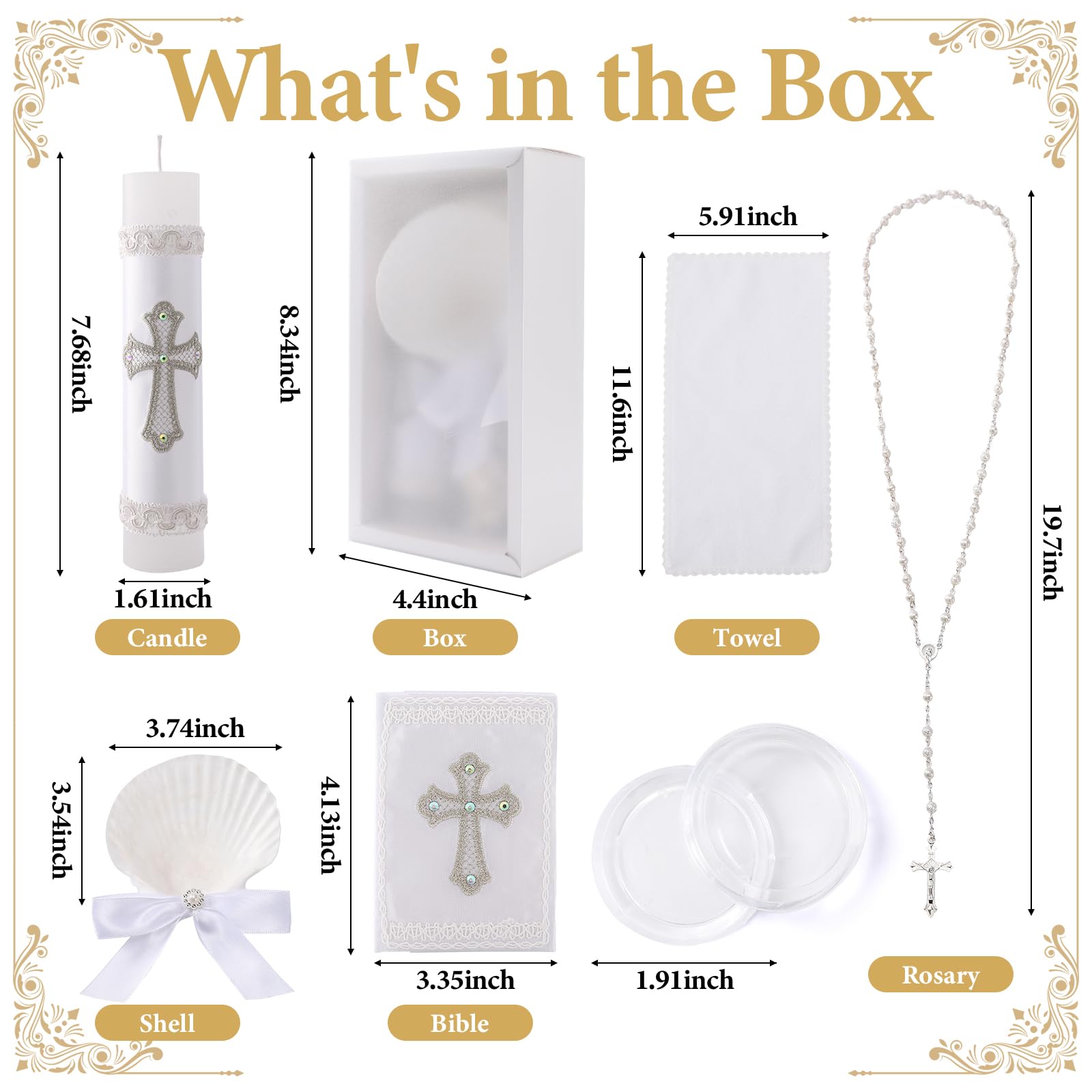 Juego de 5 velas de bautizo para niños y niñas, kit de bautizo blanco, vela, toalla, concha, rosario, Biblia para bautizo, regalo de primera comunión, velas para bautizo de niño o niña