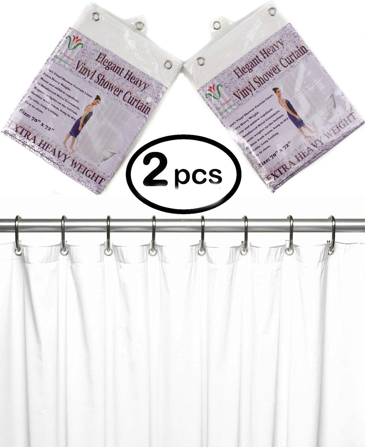 2-Pack Heavy Duty 100% Water Repellent, 10 Mil, Durable Shower Curtain Liner with Reinforced Header, Rustproof Grommets, & Weighted Magnetic Hem White