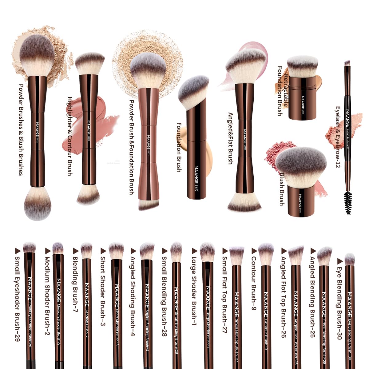 MAANGE Set di 20 pennelli da trucco con custodia, pennelli kabuki a doppia punta, pennelli per fondotinta, correttore, ombretti, crema, cosmetici, blush, strumenti per il trucco del viso, con custodia