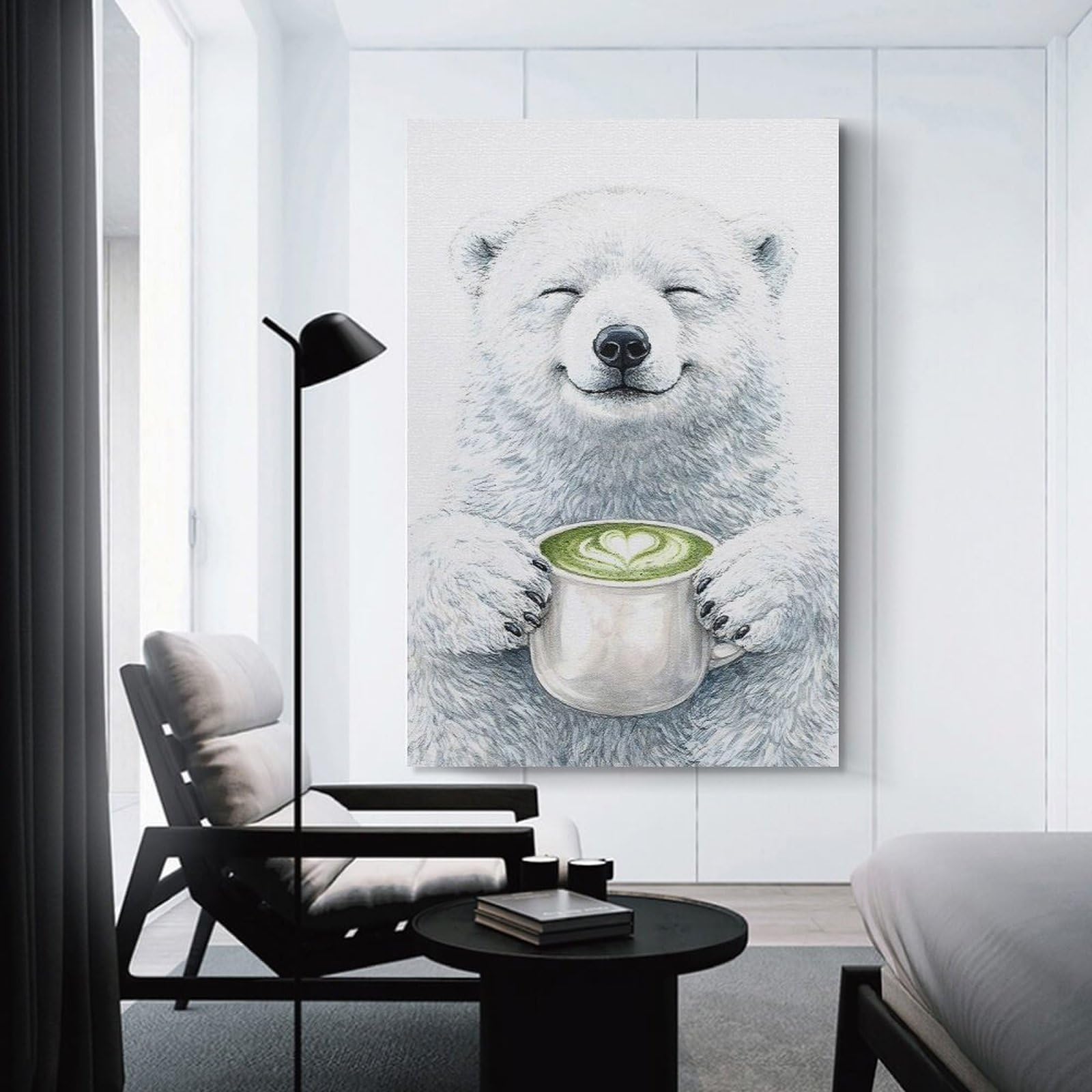 Junmoney Happy Polar Bear with Matcha Latte Wall Decor Canvas Print 12x18inch(30x45cm), for Lounge, Study, Hallway Or Flat Walls, Decorative Artwork with Broad Appeal