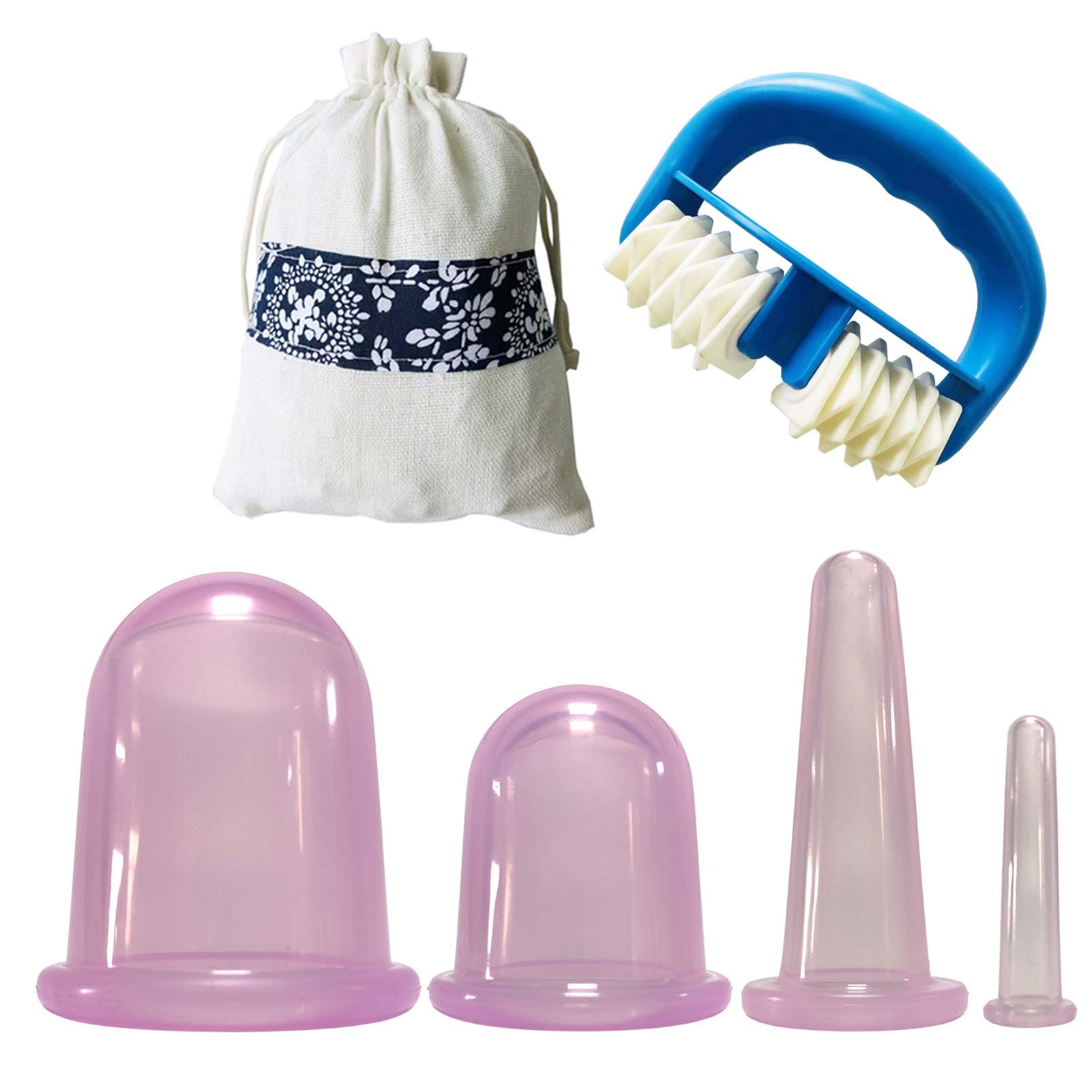 Juego de ventosas, juego de ventosas faciales para la cara, 4 latas de silicona anticelulítica, tazas de masaje al vacío, alivio del dolor corporal, rodillo de masaje, ventosas manuales, kit de ter