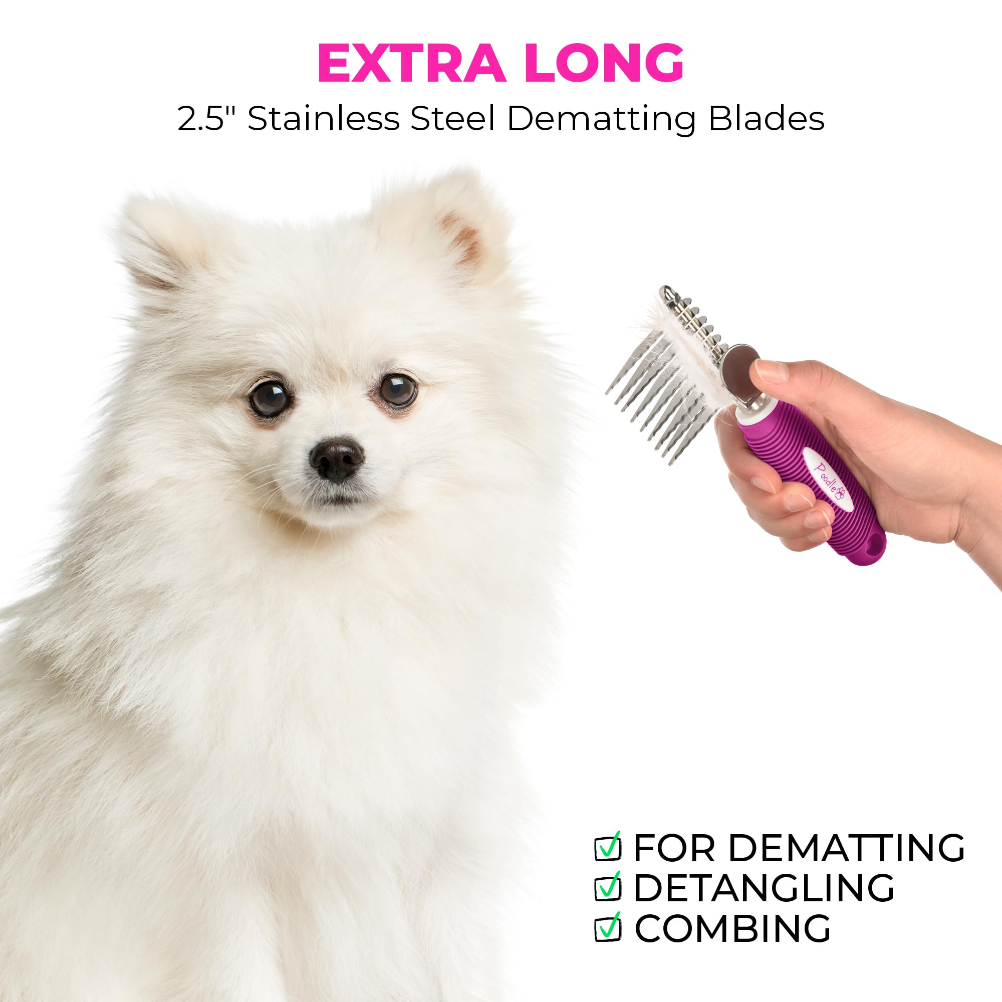 Poodle Pet Bundle - Dematting Fur Rake Comb Brush Tool With Steel Safety Blades For Detangling Matted Or Knotted Undercoat Hair And Slicker Brush For Small And Large Dogs Pet