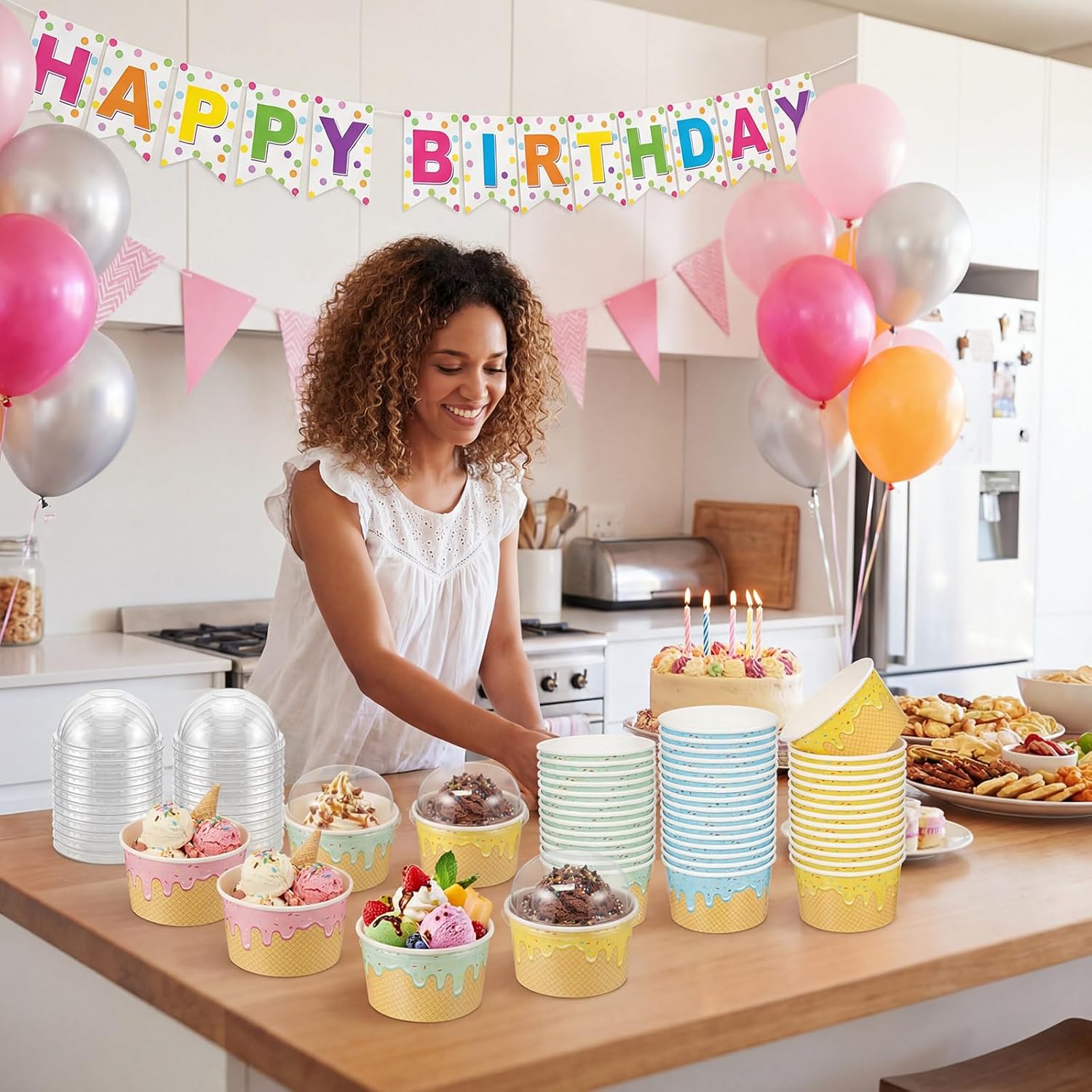 160 Count Paper Ice Cream Cups with Clear Dome Lids Disposable Dessert Cups Bulk Dessert Bowls Sundae Containers for Snack Yogurt Soup Birthday Ice Cream Party Supplies (8 oz)