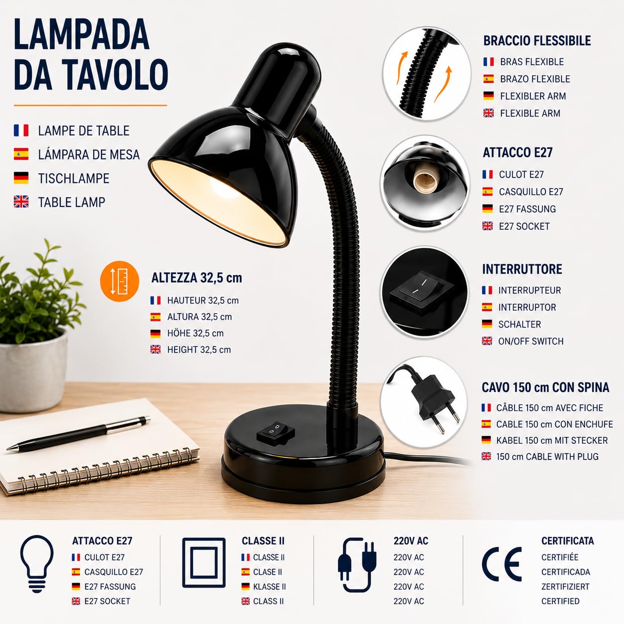 Velamp tl1201-n Charleston lámpara de mesa E27