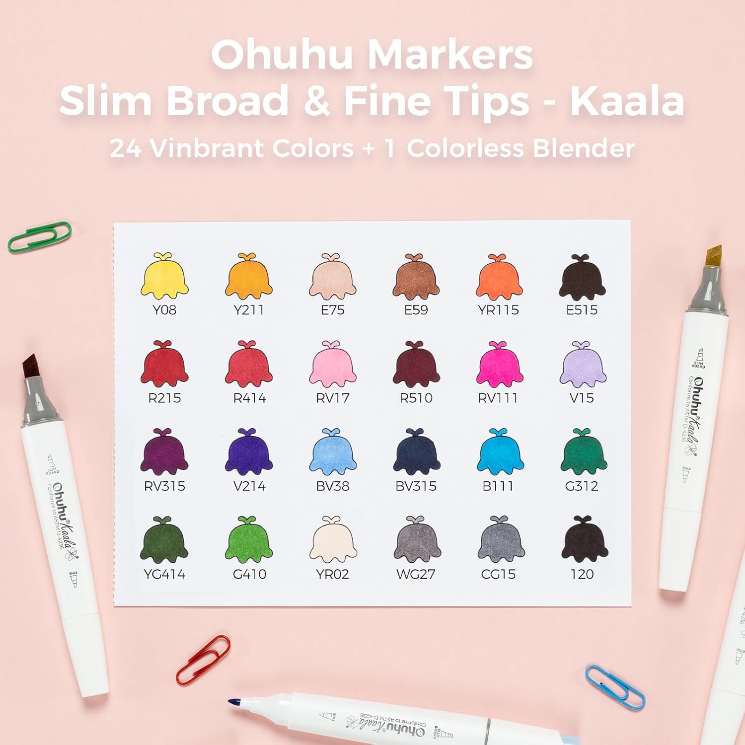 Ohuhu Alcohol Markers - Double Tipped Art Marker Set for Artists Adult Coloring - Alcohol-based Refillable Ink - 24 Basic Colors - Slim Broad & Fine Dual Tips - Kaala Markers Pen Gift
