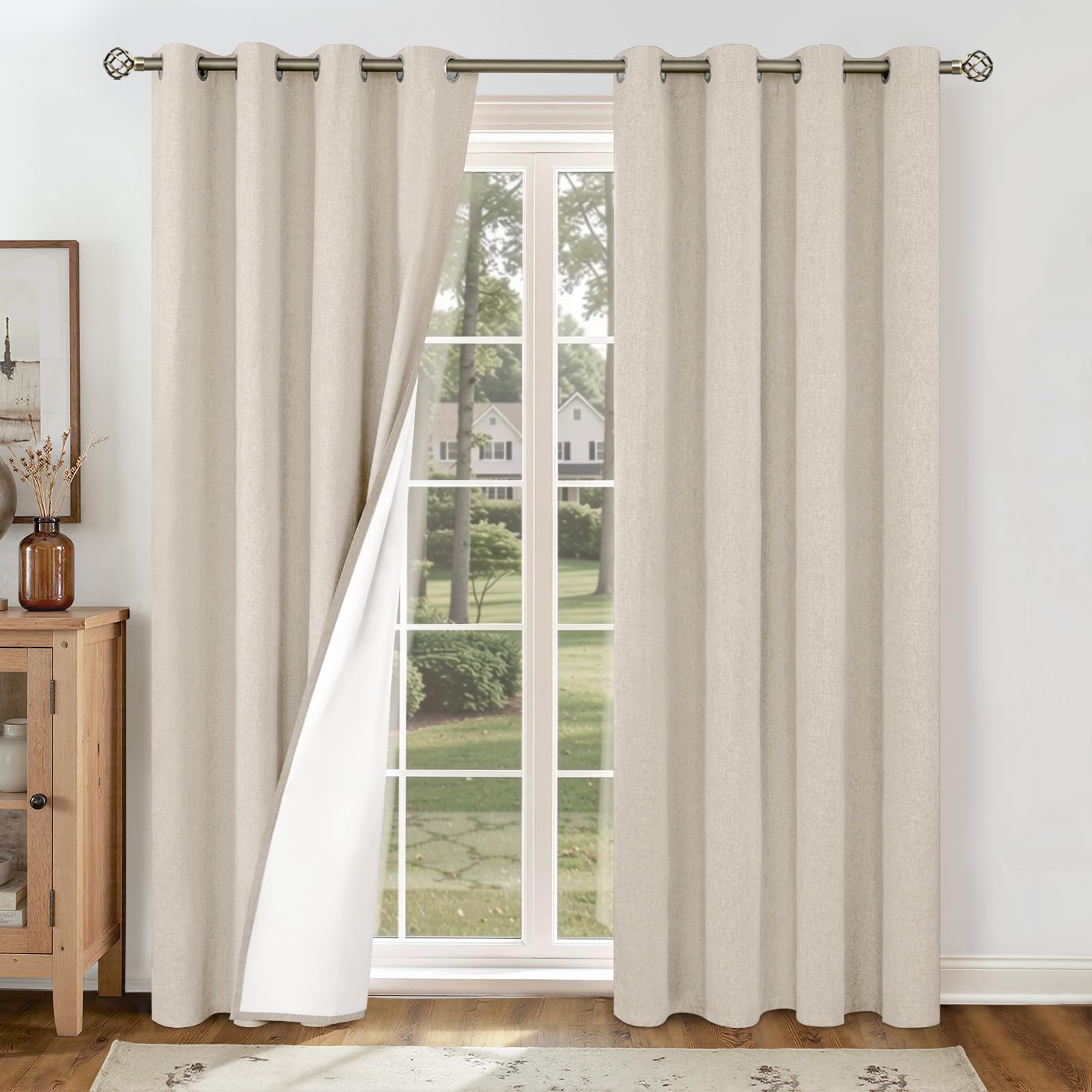 Photo 1 of YoungsTex Oatmeal Linen 100% Blackout Curtains 84 Inch Length for Bedroom, Thermal Insulated Black Out Drapes with Grommet Heat Blocking for Living Room Dining Room, 2 Panels, 52 X 84 Inch