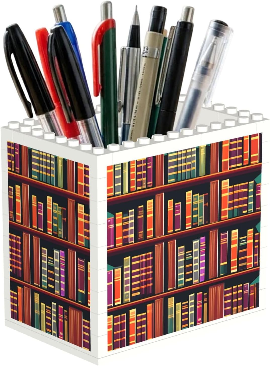 Library Bookshelf Print Uv Print Block Pencil Cup, Detachable Creative Block Desk Organizer Office Abs Pen Holder