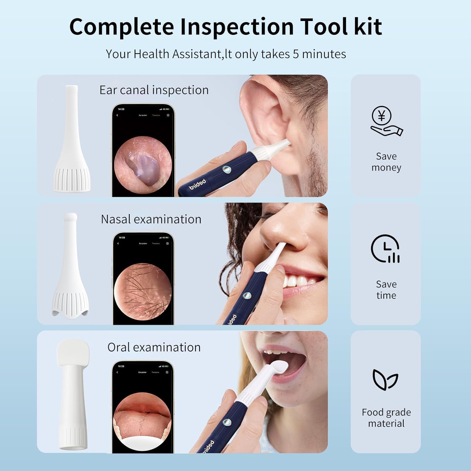 Collazoey Otoscopio para extracción de cerumen, kit de cámara con luz para extracción de cerumen, limpiador de oídos flexible HD, pinzas visuales indoloras, para exámenes de oído, nariz y garganta