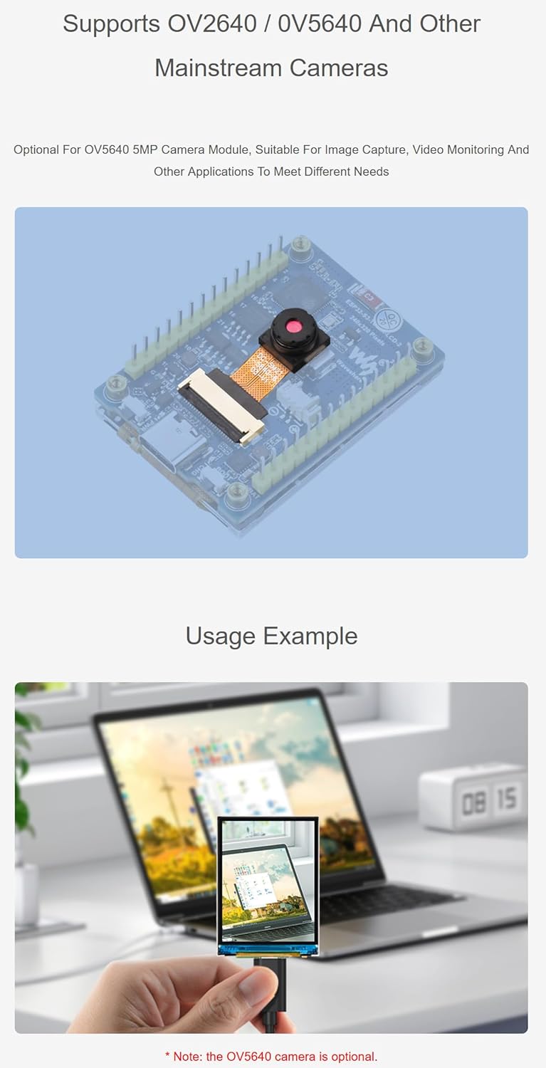 2inch ESP32-S3 Display Development Board, 240x320, IPS, 262K Color, 32-Bit LX7 2-Core Processor, Up to 240MHz Frequency, Support WiFi&BT, OV5640 Camera NOT Included @XYGStudy (ESP32-S3-LCD-2)