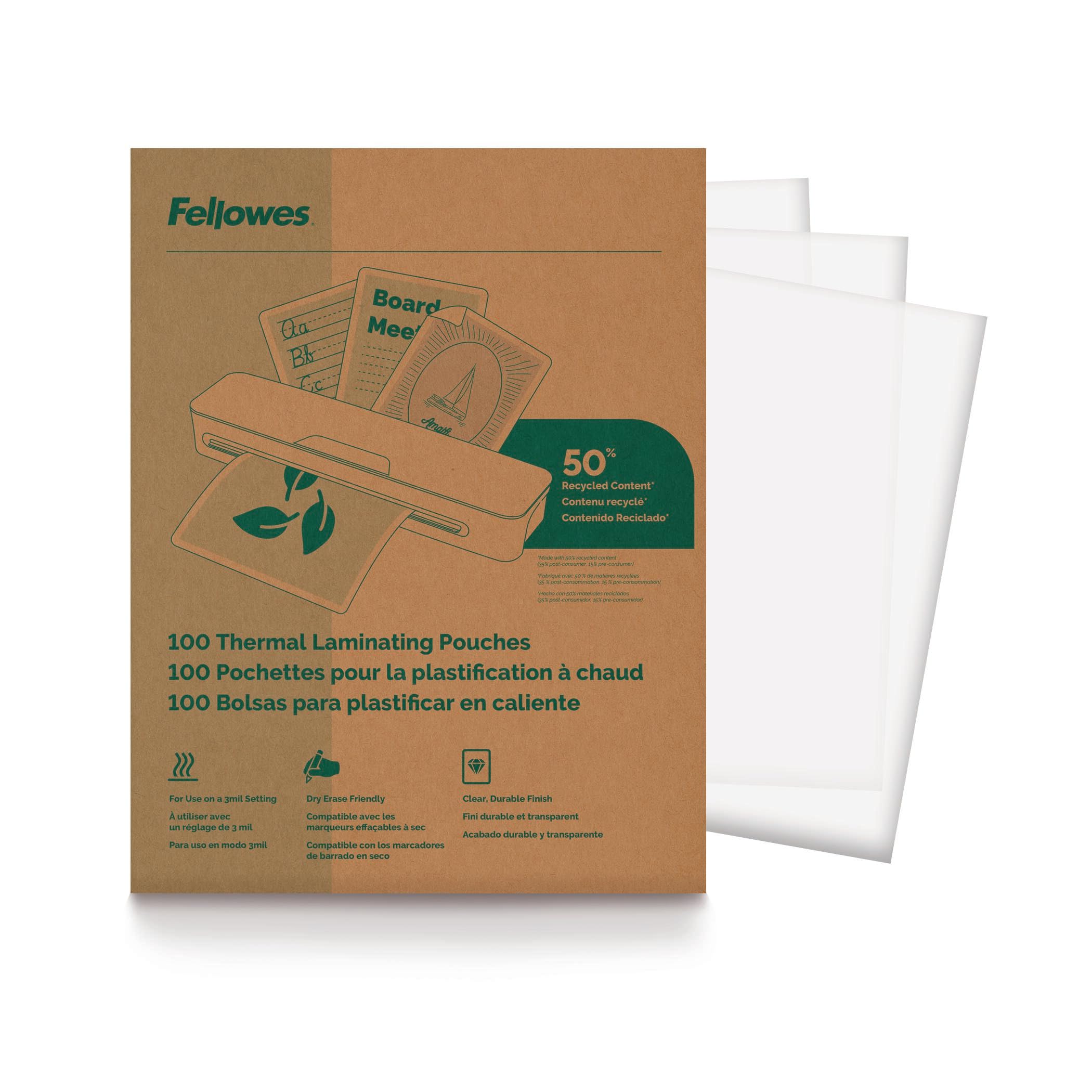Lot de 100 feuilles de plastification thermique recyclées, pochettes format lettre, 22,9 x 29,5 cm, transparentes, pour une utilisation sur réglage de 3 mm (100145863)