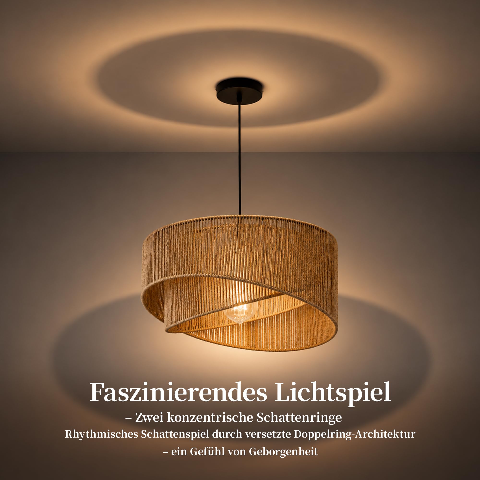 Hängelampe Skandi Ø45cm – 2-stufige Pendelleuchte aus Papierseil, Trapez-Design, höhenverstellbar, E27 – ohne Glühbirne