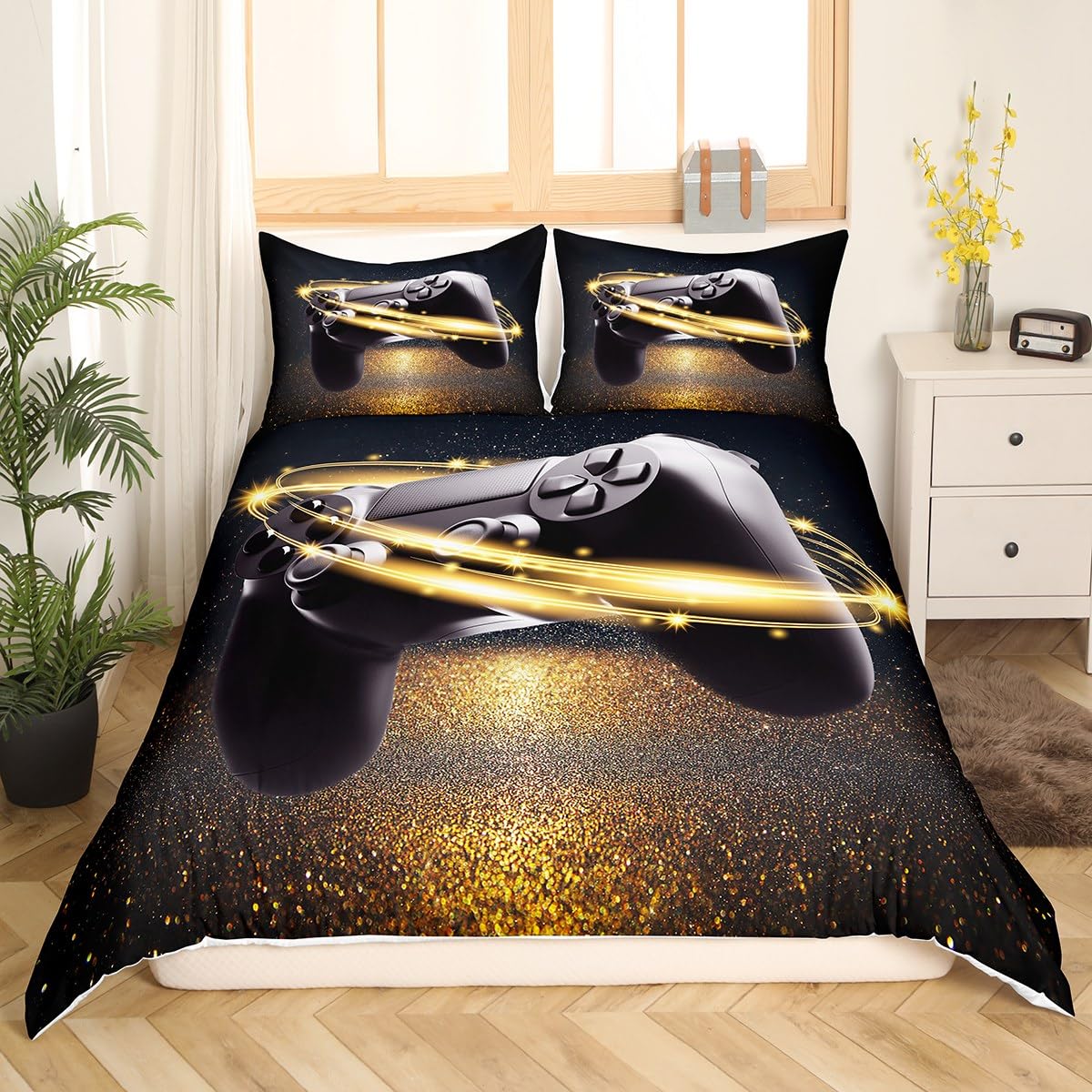 Loussiesd Modern Game Controller Bettbezug Set Jungen Gamer Bettwäsche Set 135x200cm Schwarz Golden Videospiel Gamepad Betten Set für Jugendliche Kinder Ultra weich Mikrofaser