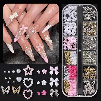 3D Multi Shapes Nail Charms and Flatback Pearls, White Pink Heart Star Bow Butterfly Acrylic Flower Cute Nail Jewels with Caviar Beads, Rhinestones, Pearls for Y2K Nail Art DIY Decoration