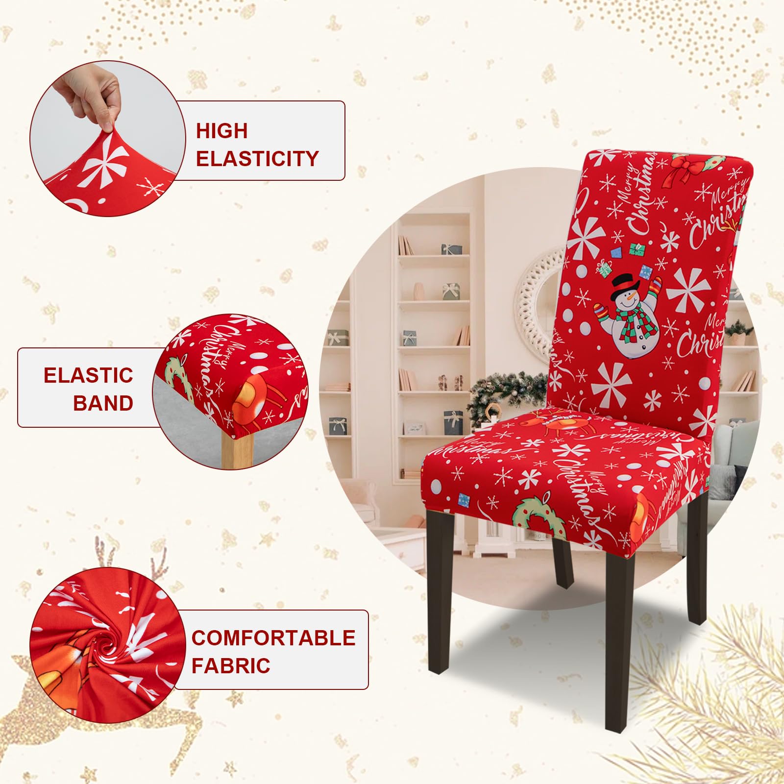 FIGOOO Coprisedie Natalizie con Schienale 6 Pezzi Xmas Coprisedia per Sala da Pranzo Spandex Fodera per Sedia da Cucina Coprisedia Decorativo Natalizio(Fiocchi di Neve,6pcs)