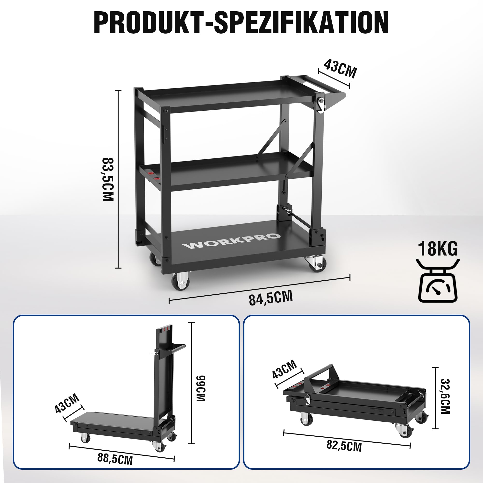 WORKPRO Servierwagen 3-in-1, Klappbarer Wagen 3 Etagen, Rollwagen klappbar, Dienstwagen mit Rädern, für Küche, Hotel, Werkstatt, Kunststudio und Galerie