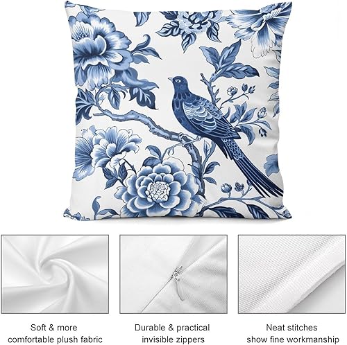 Miniatura 8 de Eurosham - Fundas de almohada de terciopelo azul índigo, diseño floral de pájaros, 16 x 16 pulgadas, estilo chinoiserie, funda de almohada de estilo