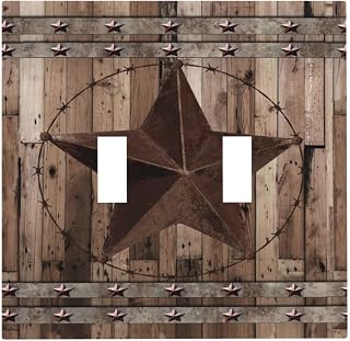 Vintage Retro Western Barn Cabin Kitchen Country Texas Star Rustic Wooden Wood 2-Gang Toggle Switch Wall Plates Double Toggle Mid Size Double Dual Device Decorator Outlet Light Switch Faceplate Cover
