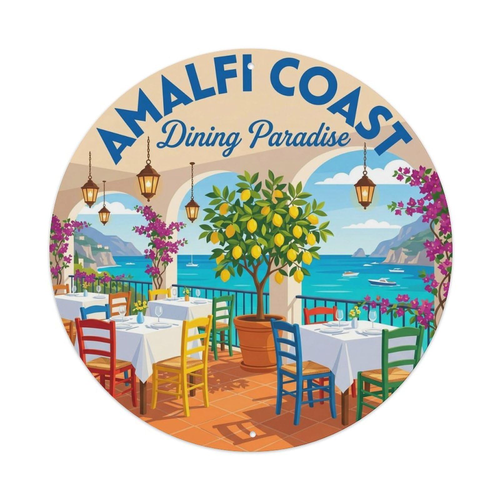 Coastal Italy Seaside Restaurant Terrace Travel Heritage Metal Tin Sign Plaque Wall Decor for Cafe, Man Cave, Club Bar, Office, Home Garden Round Metal Poster 8x8Inch