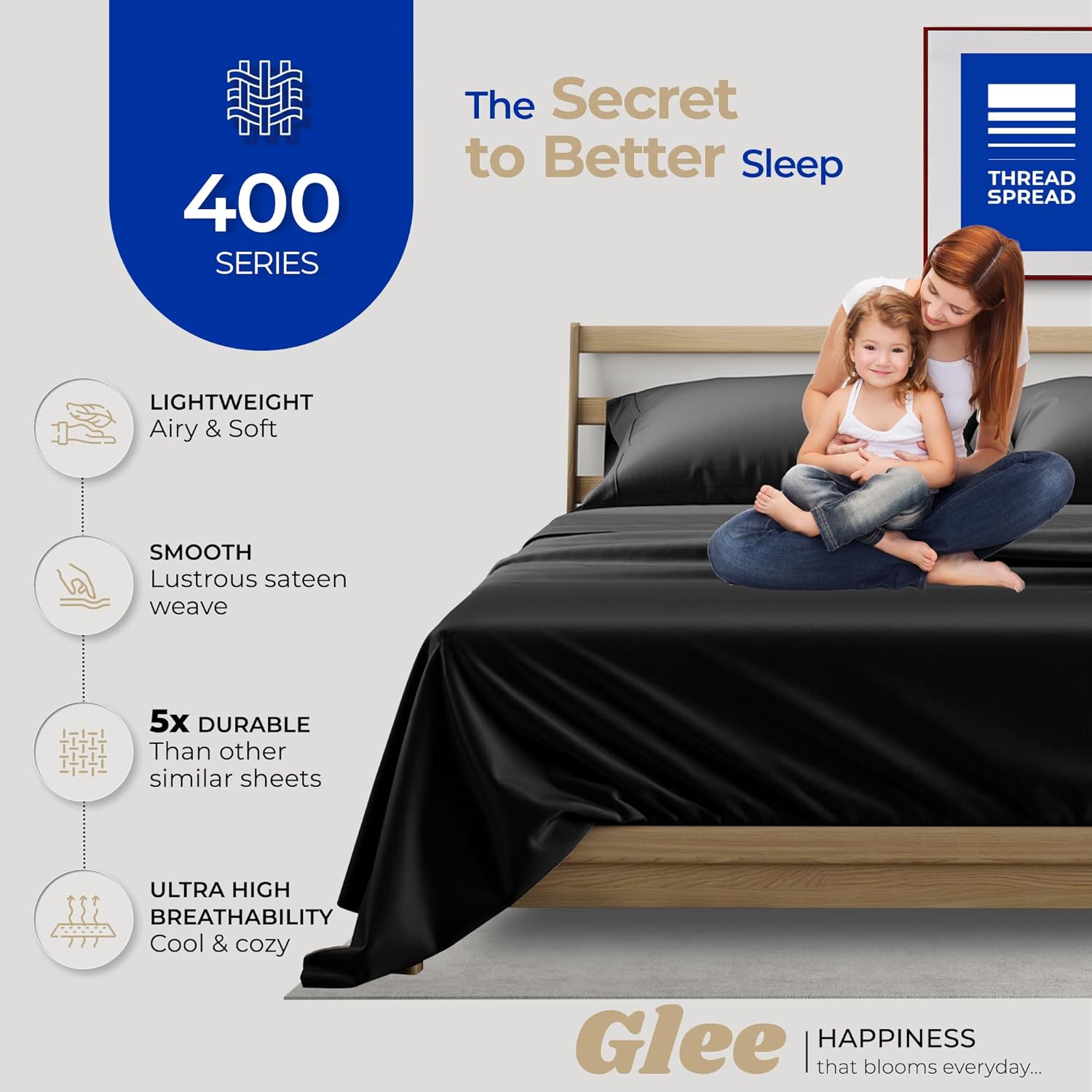 THREAD SPREAD King Size Cotton Sheets Set - 400 Series Glee Collection 100% Cotton Sheets for King Bed (4 PC, Black), 16 in Deep Pocket Soft Bed Set for Hot Sleepers, Luxury Hotel Cooling Sheet