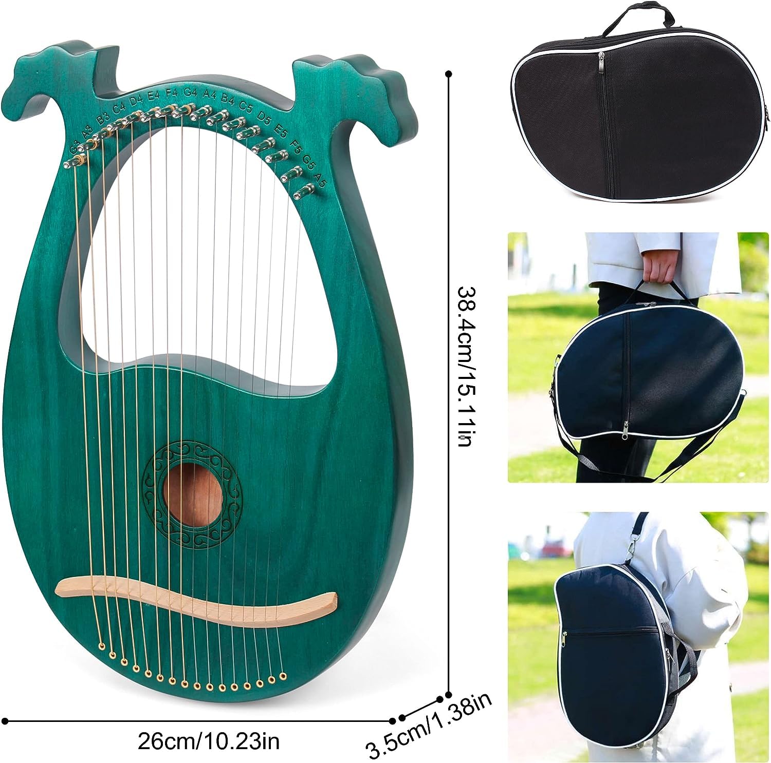 Lyre Harpe 16 Cordes Métalliques en Acajou Petite Harpe Portable Harpe Lyre Métal Selle avec Clé de Réglage et Housse Noire, Vert, Bois de Cerf