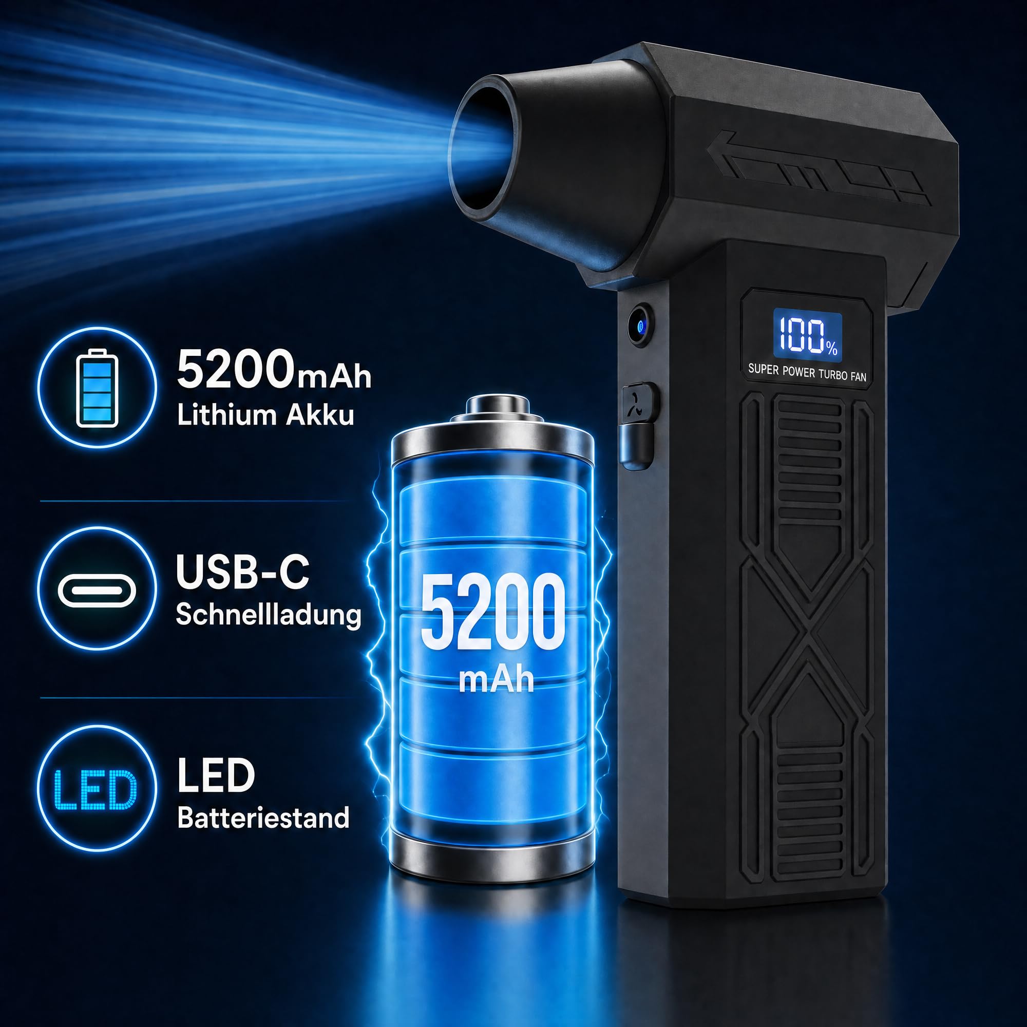 Soffiatore Aria Elettrico 120000 RPM, Aria Compressa Elettrica | Ricaricabile 5200 mAh, Motore Brushless, 4 Velocità, Display LED, Kit Pulizia PC per Tastiera, Computer ed Elettronica